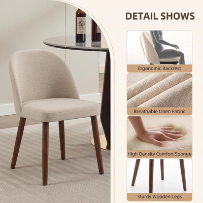 Set of 2 Wooden Upholstered Dining Chairs, Modern Fabric Kitchen Chairs with Wood Legs & Curved Backrest for Dining Room