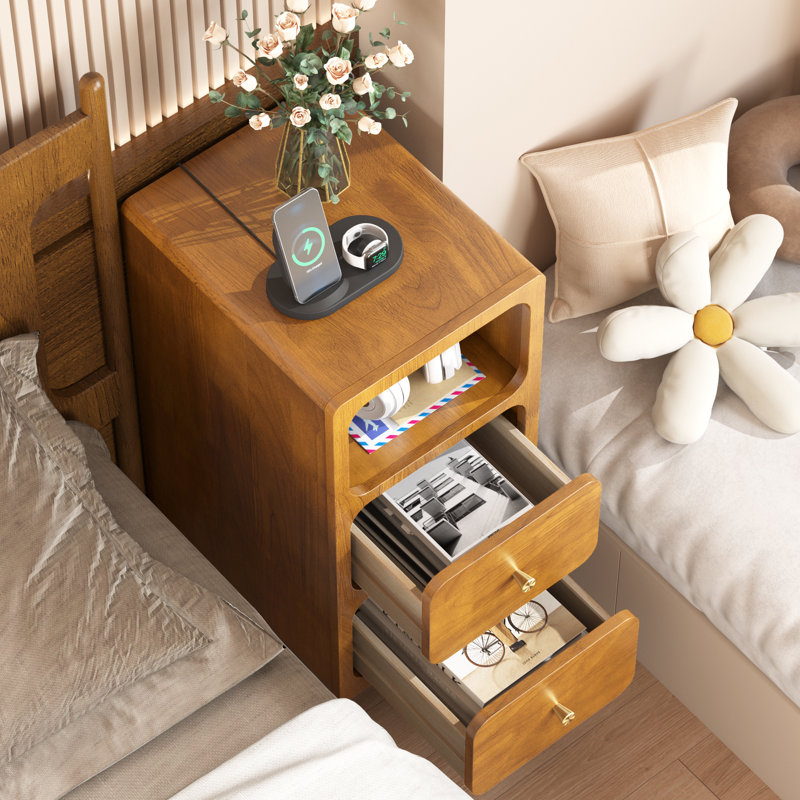 Table de chevet étroite, petite table d'appoint haute avec 2 tiroirs et tablette ouverte, table de chevet en bois de noyer massif, table de chevet moderne Mid-Century pour la chambre à coucher (12 po)