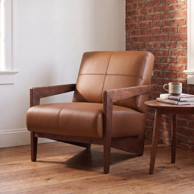 Fauteuil d'appoint en cuir véritable avec structure en chêne massif assemblée de 66 cm de large