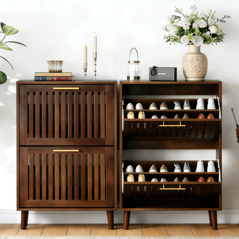 12 Pair Shoe Storage Cabinet,  36.4” H x 23.6” L x 9.5” W, Walnut