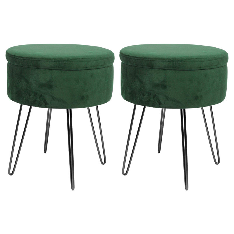 Harbour Housewares Round Velvet Storage Footstools - Pack of 2, Green, Black