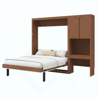 Lit escamotable avec armoire de rangement latérale, DEL, bureau intégré, tiroirs et portes d'armoire arquées