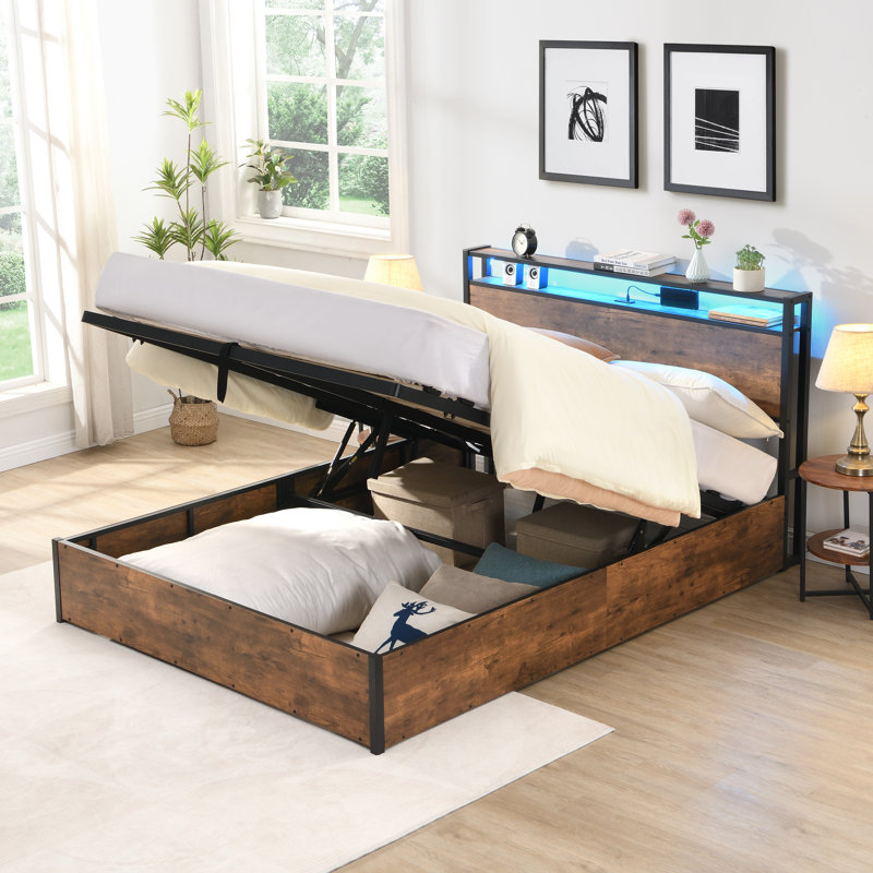 Cadre de lit avec rangement relevable, cadre de lit de taille avec tête de lit à DEL avec bibliothèque, cadre de lit plateforme en bois avec station de charge, aucun sommier nécessaire, brun rustique