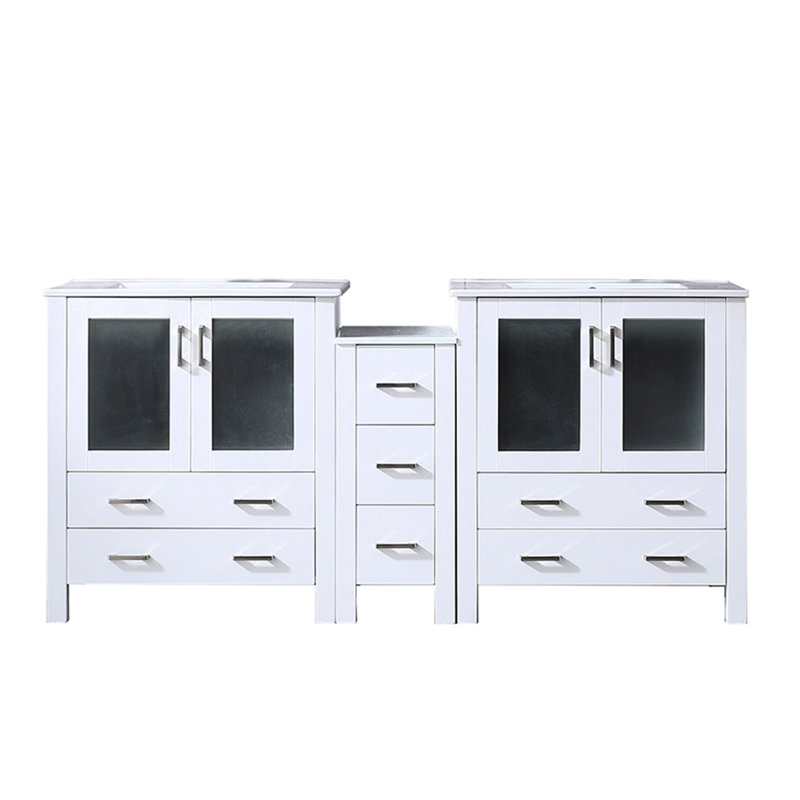 Meuble-lavabo double blanc de 72 po L x 18,25 po P avec armoire latérale, comptoir en céramique, cadre en bois massif, fermeture amortie, deux armoires intérieures et sept tiroirs pour un grand espace de rangement, surface résistante aux égratignures et aux taches, prépeint -
