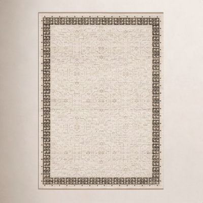 Abena Beige Brown Bordered Oriental Wool Rug