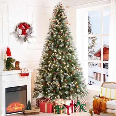 Snow Flocked Christmas Tree with Lights, Christmas Tree with Pinecones with Stand
