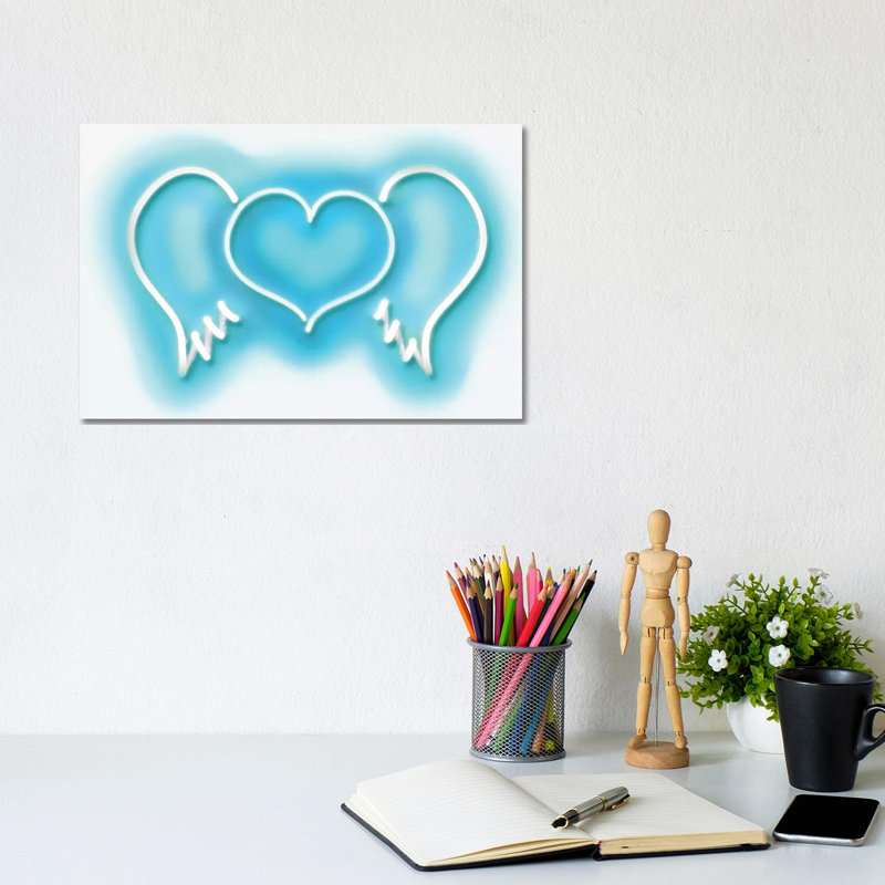 Neon Heart Wings Aquaon White by Hailey Carr - Wrapped Canvas Print, 20.32 cm H x 30.48 cm W