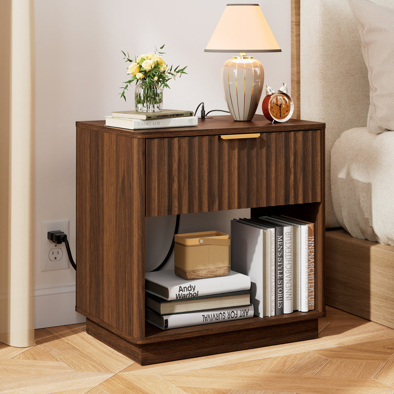 Schaitman 23.6''W Drawer Nightstand with Charging Station Outlet, Fluted Wood Nightstand with Open Shelf Cubby for Bedroom Living Room