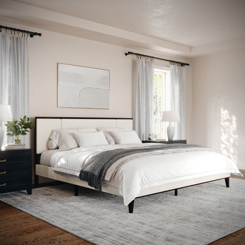 Martha Stewart Jett Wooden Platform Bed With Upholstered Base And Triple Inset Headboard, Beige, King