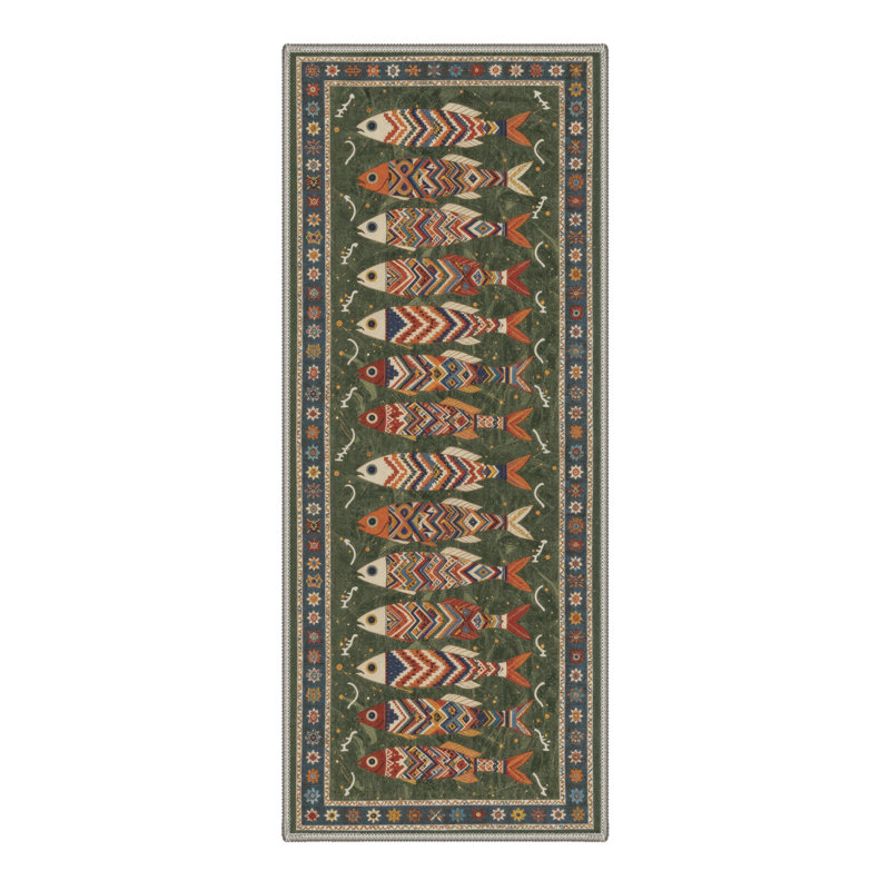 Arnella Fish Washable Green Runner with Non-Slip Backing, Runner 2'6" x 8'
