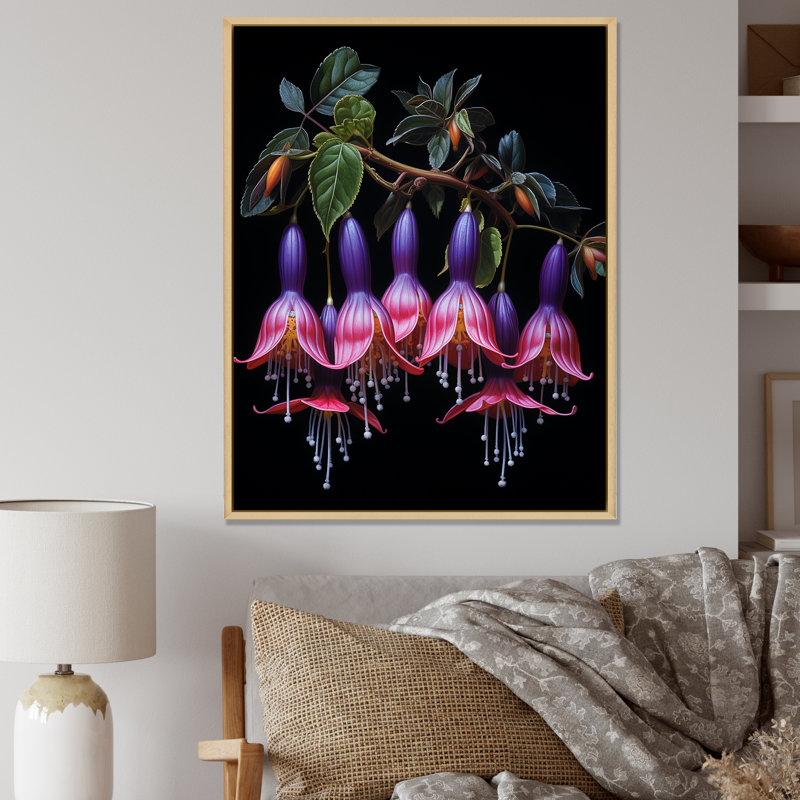 Fleurs mauves en cascade - Fuschia, Encadrement doré, H 32 po x l 16 po