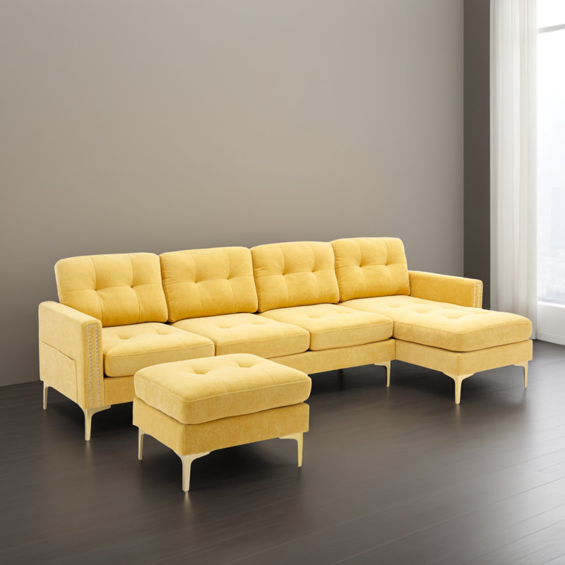 Canapé modulaire rembourré en U avec chaise longue pour salon 110,62 ", Velours jaune