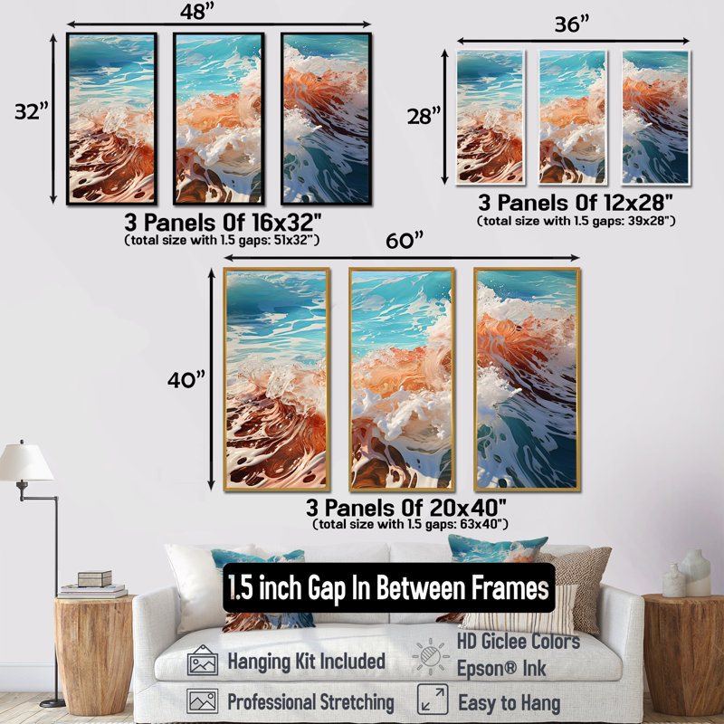 «Beach Waves Fusion» - ensemble d'art mural plage, Cadre naturel flottant, H 40 po x l 60 po x P 1 po