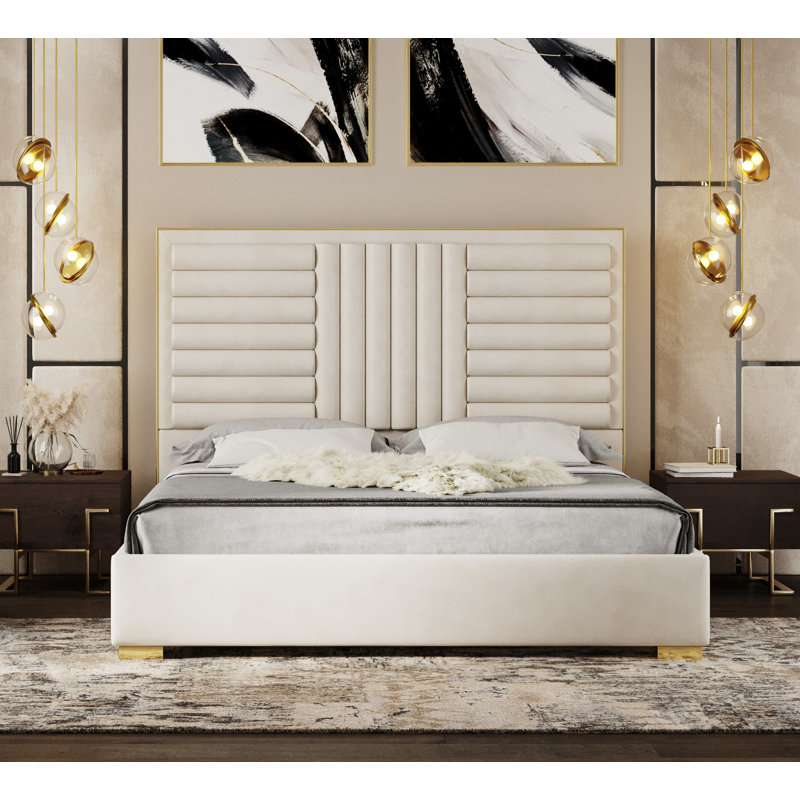 Lit double tapissier Sunne, Velours beige, Grand