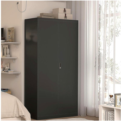 Armoire grande capacité en métal noir avec tringle et compartiments suspendus, placard verrouillable avec serrures et clés, fabrication en acier, imperméable et ignifuge, convient à la chambre à coucher, au salon et à la salle de lavage