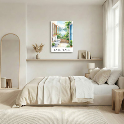 Tableau sur toile tendue représentant une scène de lac paisible avec vue sur le lac et la montagne, et verdure - Décoration murale pour le salon ou la salle de bain