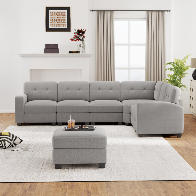 6 - Piece Soft Upholstered Modern Modular Sectional Sofa Set With Movable Ottoman, Silver Polyester Blend