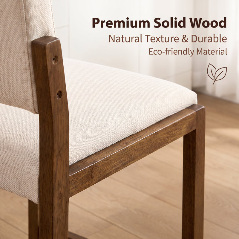 Ensemble de 2 tabourets de bar rembourrés en lin avec tabourets de bar en bois massif, Beige Linen, 2, Brown