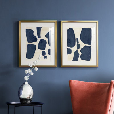 Blue Pieces I Pieces I - Matted and Framed Under Acrylic Glass, Set of 2, Large Living Room Wall Art