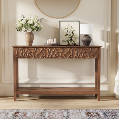 Console en bois sculpté de 51,18 po avec tablette de rangement et 3 tiroirs