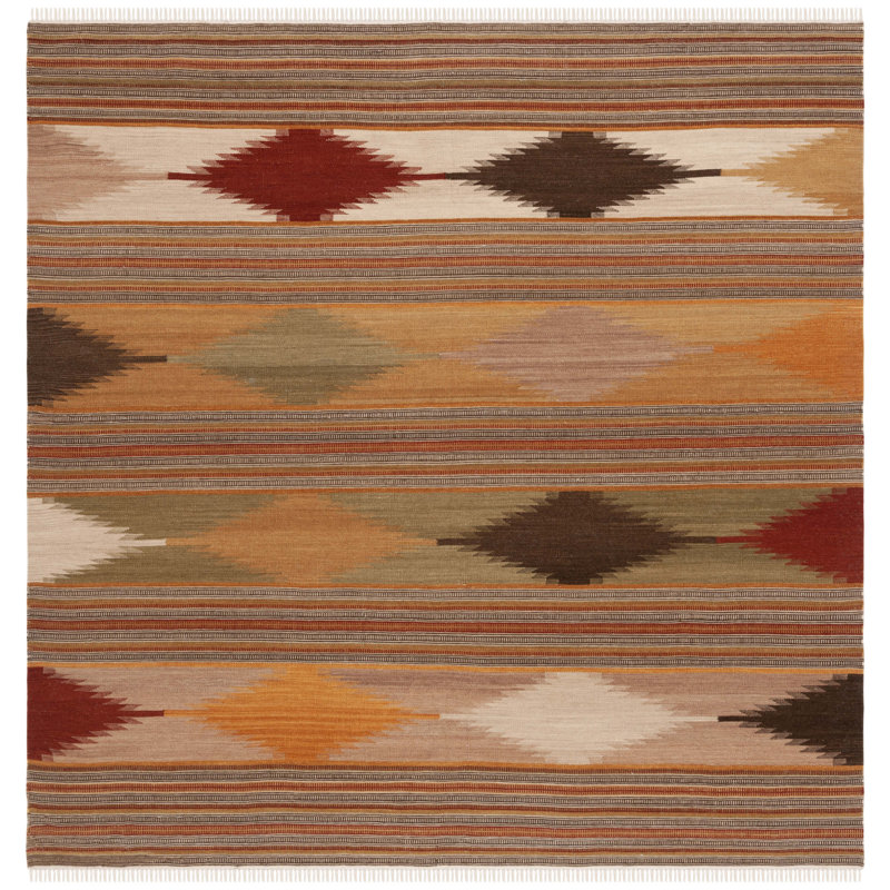 Tapis brun / beige en laine tissé à la main Bennett Southwestern, Carré 7 pi