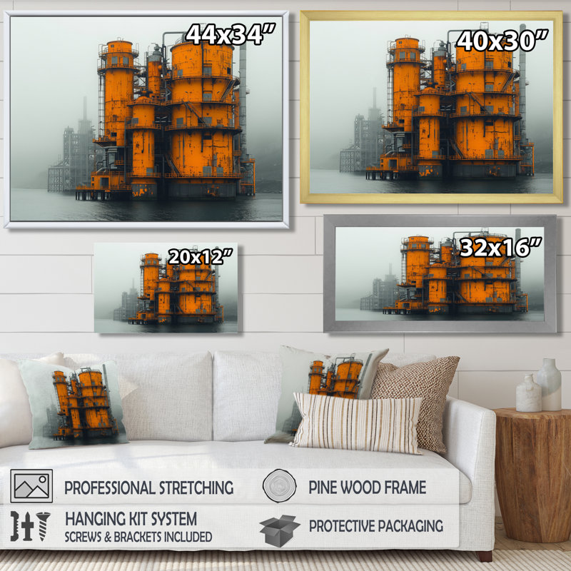 Impression d'art mural jaune et gris Urban Oasis Factories I - Factories, Toile avec cadre flottant or