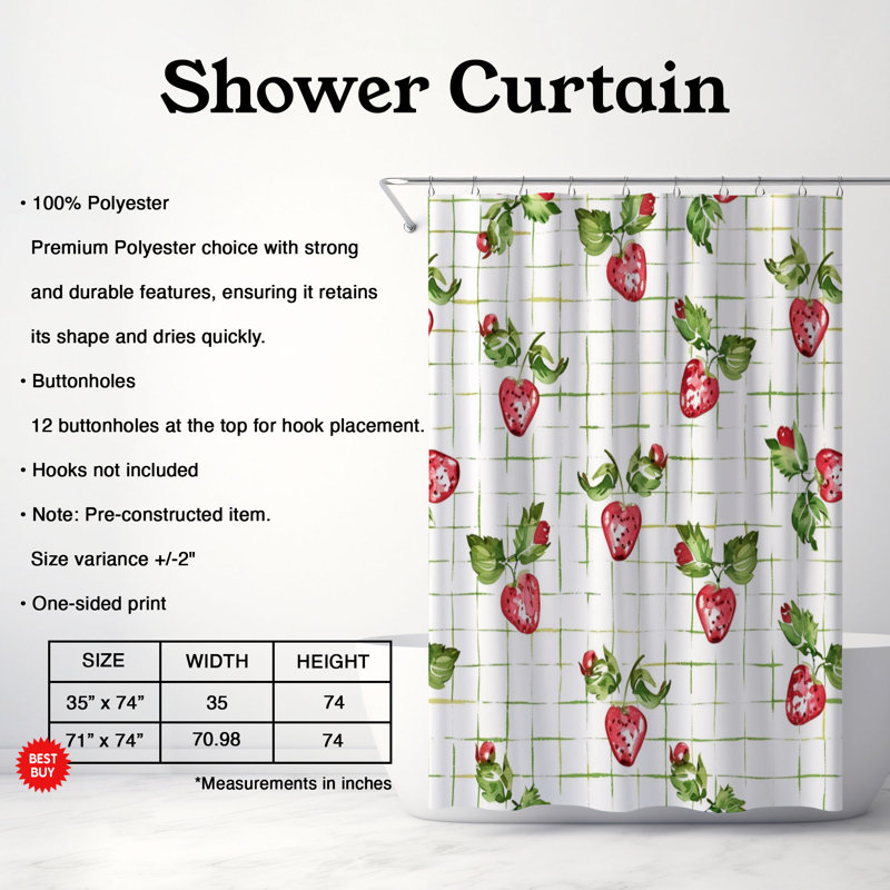 Strawberry Design - Rideau de douche Premium, H 74 po x l 71 po