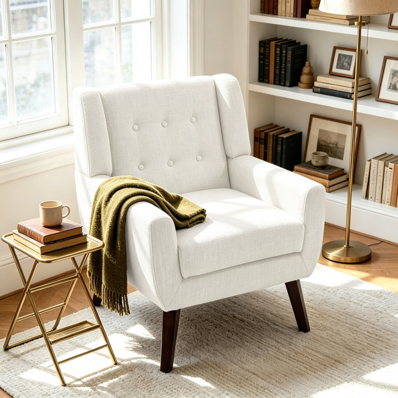 Fauteuil Jaqueze rembourré en mélange de lin beige avec dossier large et pieds en bois massif