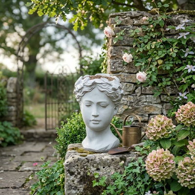 Large Greek Style Cement Head Planter, 10.6" Tall Deep Green Face Vase & Statue Flower Pot, Indoor Outdoor Visage Bust Centerpiece for Home Garden, Patio, Shelf Decor, 1100ML