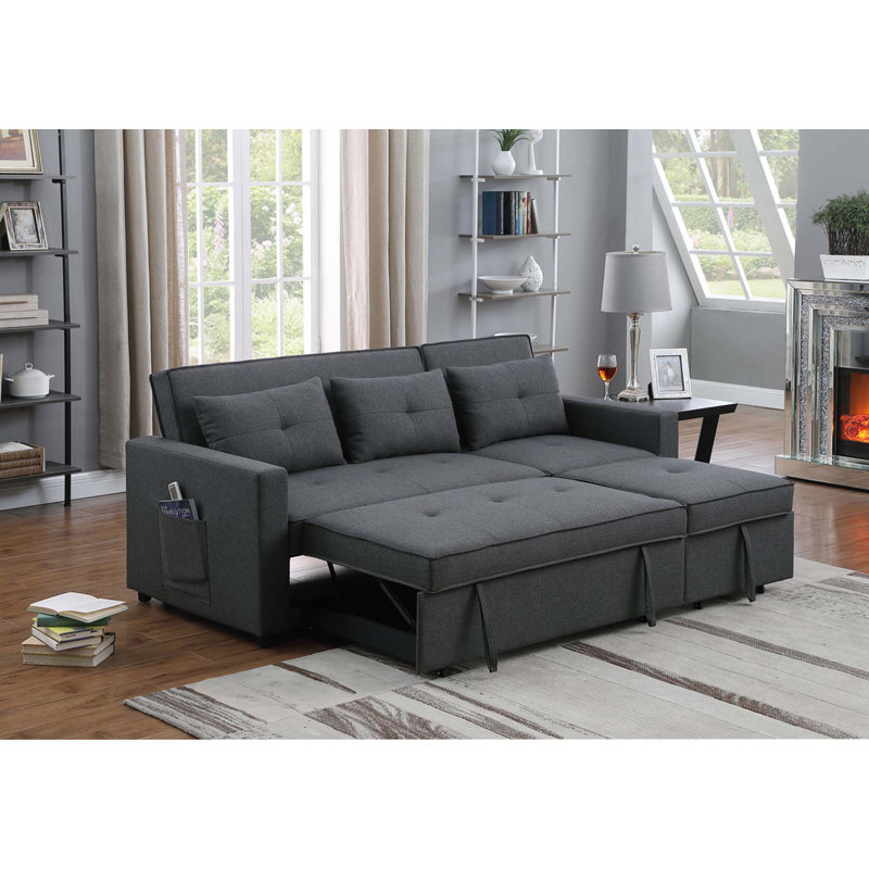 79.75"Linen Convertible Sleeper Sofa With Side Pocket