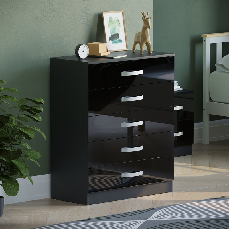 Arkadij 5 - Drawer High Gloss Chest of Drawers, Anti Bowing Bedroom Storage Cabinet, Black