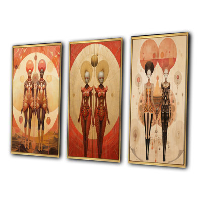 Alien Goddess Vintage Dreamscape Illustration V - Abstract Portraits Art Set Of 3 Pieces