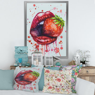 " Red Woman Lips Eating A Strawberry " Painting Print