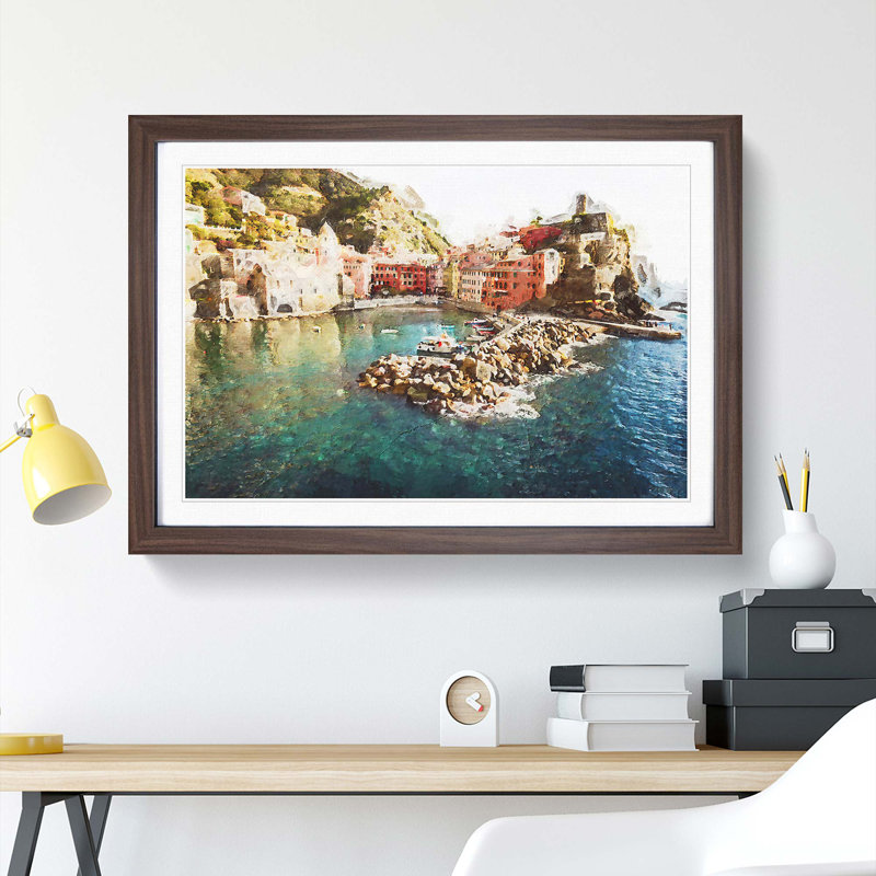 Boats in Vernazza Italy in Abstract - Picture Frame Graphic Art Print, Walnut Framed, 36cm H x 48cm W x 2cm D