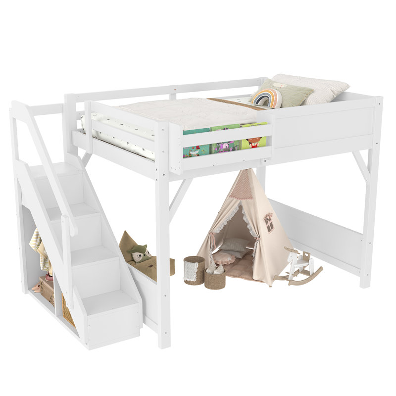 Full Size Solid Wood Loft Bed with Built-in Wardrobe & Storage, Stairs, Bedside Shelves, Full-Length Guardrails, No Box Spring Needed, White