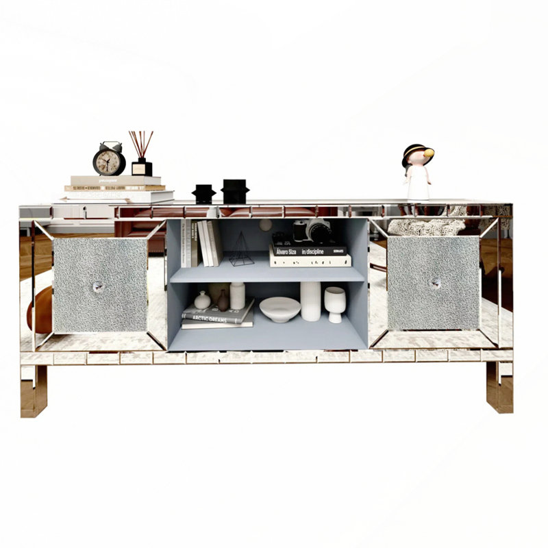 Meuble télé en miroir avec portes en verre concassé et diamant avec rangement réglable