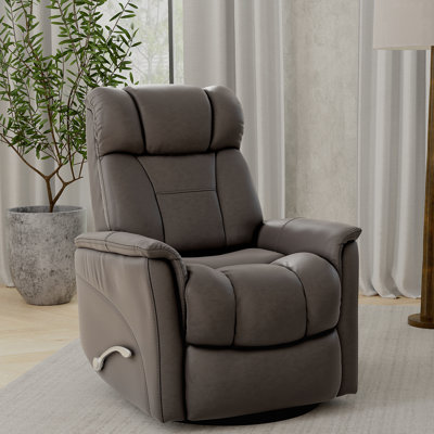 Global Home Swivel Glider Recliner With Manual Adjustable Headrest & Footrest In Faux Leather Bentley Grey