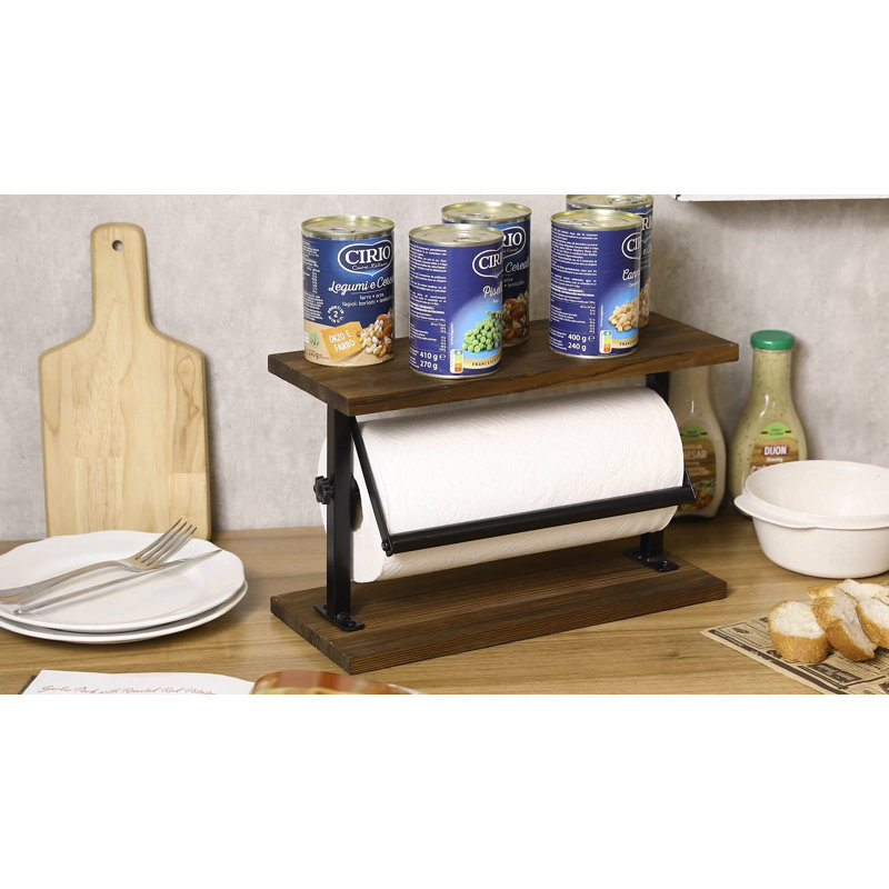 Rustic Brown Wood and Black Metal Freestanding Paper Towel Holder with Shelf