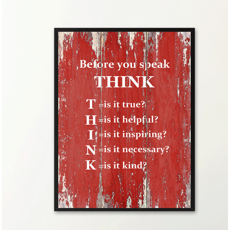 «avant que tu parles pense» encadré art textual sur toile en rouge, H 37 po x l 28 po x P 1,13 po