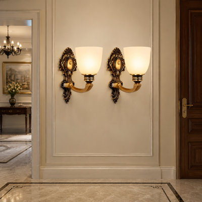Set of 2 Vintage Brass Wall-Mounted Wall/Ceiling Light Fixtures with Milk-White Glass Shades for Living Room, Bedroom and Hallway
