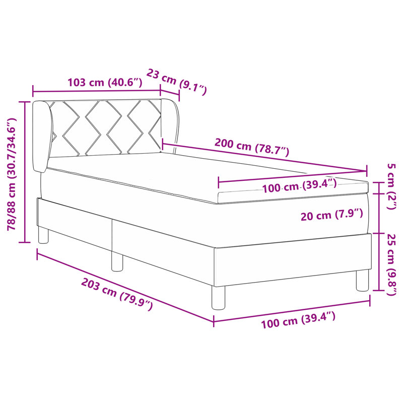 Box Spring Bed With Mattress - Fabric, 100 x 200cm, Taupe