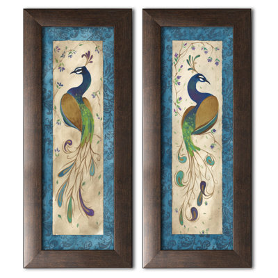 " Blue Retro Peacock Pair Art Prints Green Purple Feathers " by Steve Leal 2 - Pieces