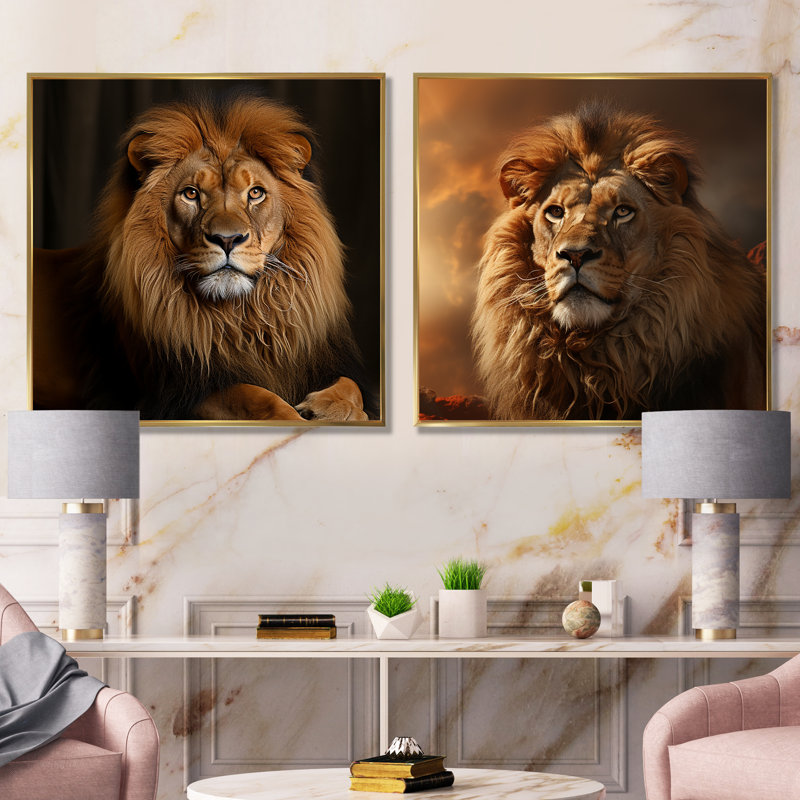 Portrait de lion royal noir et doré I - ensemble de salon mural 2 pièces, Cadre flottant doré, H 36 po x l 73 po x P 1,5 po