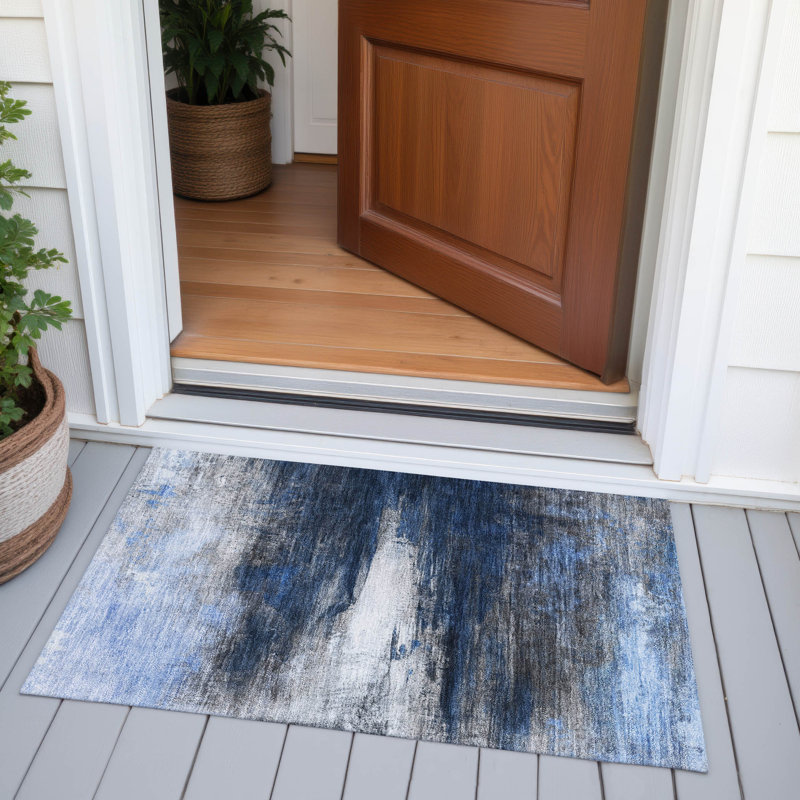 Machine Washable Indoor/Outdoor Xhevrie Navy Rug, Rectangle 1'8" x 2'6"