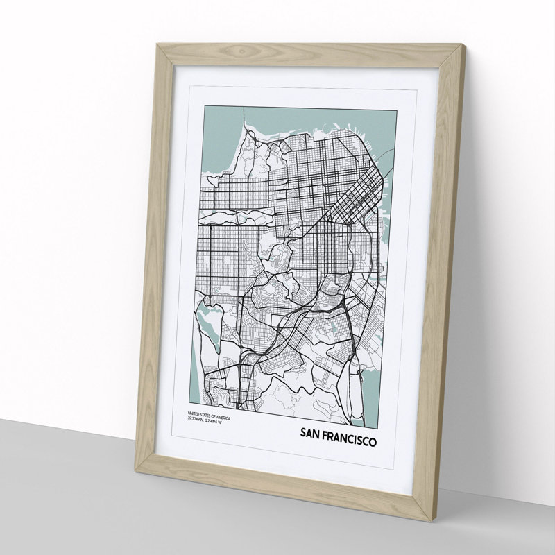 Map San Francisco USA - Picture Frame Graphic Art, Oak, 48cm H x 36cm W x 2cm D