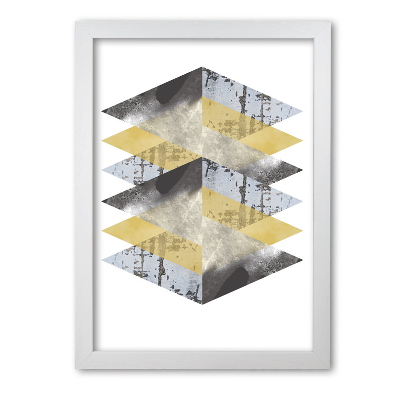 Scuff, Yellow And Grey Abstract Triangles - Print, 42 cm H x 30 cm W x 5 cm D, White Grain Frame