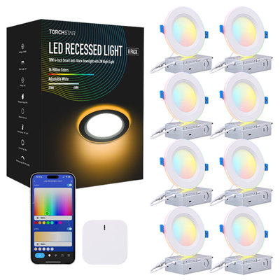 4" Color Changing LED Recessed Lighting with RGB Night Light, Smart Control, Dimmable Canless Ceiling Downlight with J-Box, 2700K-6500K, Baffle Trim