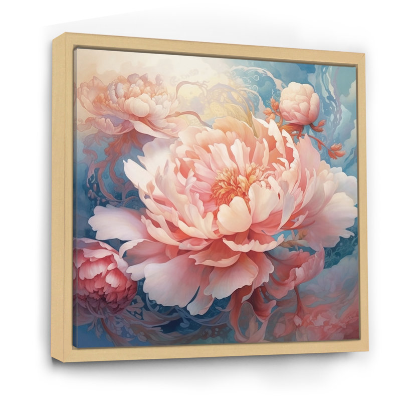 «Pink Peony Visons I», reproduction sur toile, H 16 po x l 16 po x P 1 po, Cadre naturel flottant