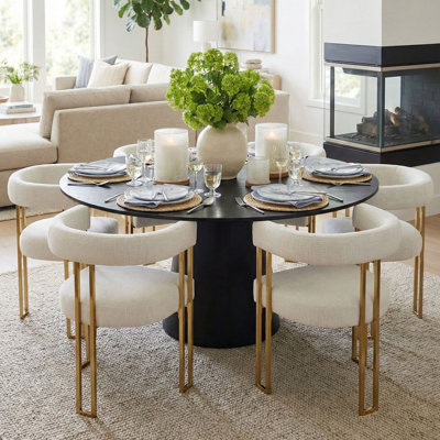 6 - Person Dining Table Sets With 60'' Round Table & 6 Upholstered Chenille Gold Chairs