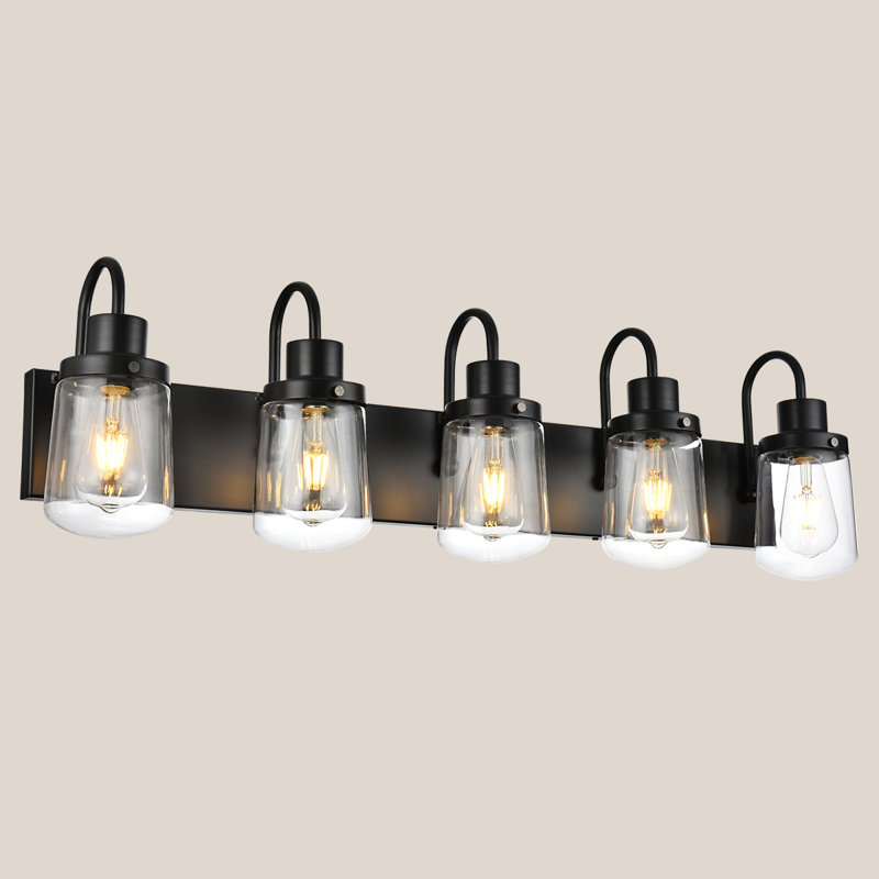 Luminaires de salle de bain au-dessus du miroir, luminaires de meuble-lavabo noir avec 5 abat-jour en verre transparent pour le couloir du salon de la cuisine